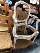 A ANTIQUE FRENCH ARMCHAIR FRAME AND A NURSING CHAIR