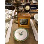 TWO TABLE CLOCKS, AN OIL LAMP AND SIX CROWN STAFFORDSHIRE PLATES