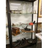 FIVE SHELVES OF CHEMISTRY GLASS WARE, MEDICAL AND SCIENTIFIC INSTRUMENTS