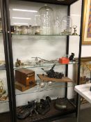 FIVE SHELVES OF CHEMISTRY GLASS WARE, MEDICAL AND SCIENTIFIC INSTRUMENTS