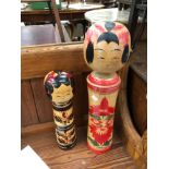Two Interesting Vintage Japanese Kokeshi hand painted wood dolls. Each signed by artist