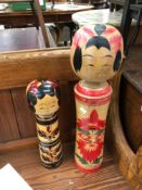 Two Interesting Vintage Japanese Kokeshi hand painted wood dolls. Each signed by artist