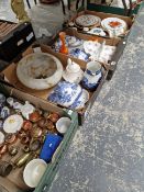 VARIOUS BLUE AND WHITE DECORATIVE CHINA WARES, PLAFFONIER AND COPPER ORNAMENTS