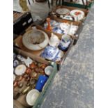 VARIOUS BLUE AND WHITE DECORATIVE CHINA WARES, PLAFFONIER AND COPPER ORNAMENTS