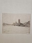 MORTIMER MEMPES ( 1855-1938) AN ETCHING OF A THAMES VIEW, PENCIL SIGNED, UNFRAMED. SHEET SIZE 38 x