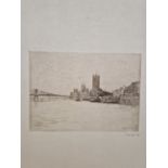 MORTIMER MEMPES ( 1855-1938) AN ETCHING OF A THAMES VIEW, PENCIL SIGNED, UNFRAMED. SHEET SIZE 38 x