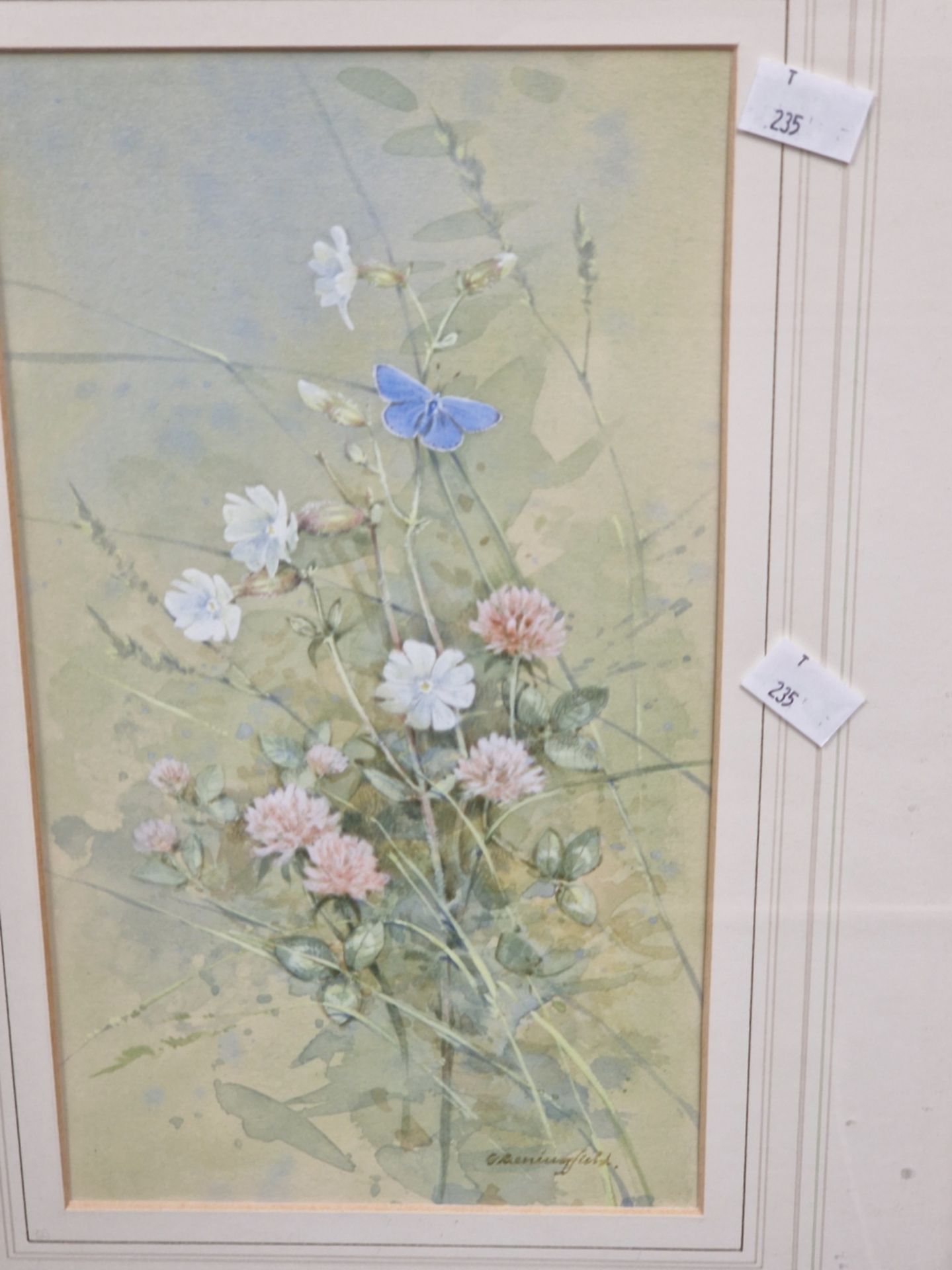 20th CENTURY ENGLISH SCHOOL A FLOWER STUDY WITH BUTTERFLY, SIGNED INDISTINCTLY, WATERCOLOUR. 30 x - Image 2 of 6