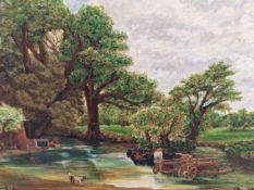 ENGLISH NAIVE SCHOOL AFTER JOHN CONSTABLE, SIGNED INDISTINCTLY, OIL ON BOARD. 66 x 103cms