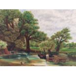 ENGLISH NAIVE SCHOOL AFTER JOHN CONSTABLE, SIGNED INDISTINCTLY, OIL ON BOARD. 66 x 103cms