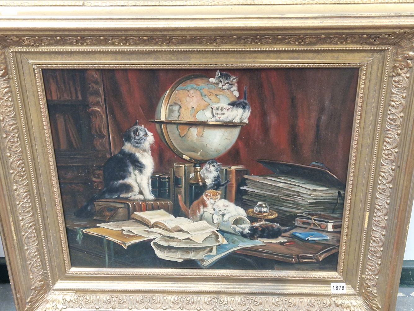 A DECORATIVE PAINTING OF CATS PLAYING ON A DESK, OIL ON BOARD. 50 x 61cms - Image 2 of 6
