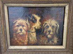 AN ANTIQUE GILTWOOD FRAME TOGETHER WITH A VINTAGE OIL PAINTING OF THREE DOGS (2)