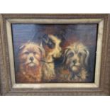 AN ANTIQUE GILTWOOD FRAME TOGETHER WITH A VINTAGE OIL PAINTING OF THREE DOGS (2)