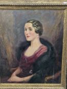 JOCELYN GREY (DATED 1935) PORTRAIT OF A ELEGANT LADY WEARING PEARLS OIL ON CANVAS IN A TEXTURED GILT