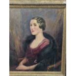 JOCELYN GREY (DATED 1935) PORTRAIT OF A ELEGANT LADY WEARING PEARLS OIL ON CANVAS IN A TEXTURED GILT