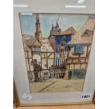 20th CENTURY ENGLISH SCHOOL A VILLAGE TOWN SCENE, SIGNED INDISTINCTLY, WATERCOLOUR. 21 x 16cms