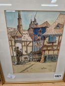 20th CENTURY ENGLISH SCHOOL A VILLAGE TOWN SCENE, SIGNED INDISTINCTLY, WATERCOLOUR. 21 x 16cms
