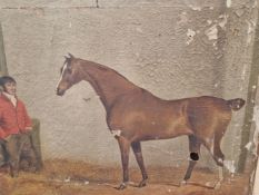 EARLY 19th CENTURY ENGLISH SCHOOL A NAIVE PORTRAIT OF A HORSE AND GROOM, OIL ON CANVAS, UNFRAMED. 61
