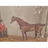 EARLY 19th CENTURY ENGLISH SCHOOL A NAIVE PORTRAIT OF A HORSE AND GROOM, OIL ON CANVAS, UNFRAMED. 61