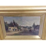 CARLTON E. HARRIS 19th/20th CENTURY ENGLISH SCHOOL A PAIR OF VILLAGE SCENES, SIGNED, OIL ON BOARD.