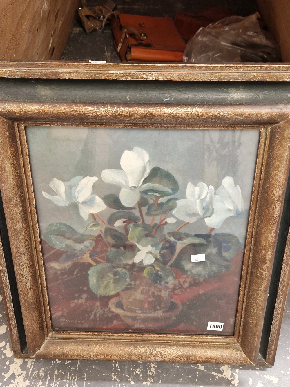 20th CENTURY SCHOOL A STILL LIFE OF FLOWERS IN A ROWLEY GALLERY FRAME WITH A LANDSCAPE VERSO, SIGNED