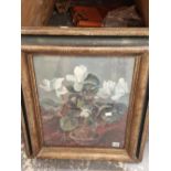 20th CENTURY SCHOOL A STILL LIFE OF FLOWERS IN A ROWLEY GALLERY FRAME WITH A LANDSCAPE VERSO, SIGNED