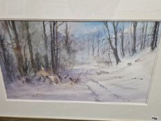 20th/21st CENTURY ENGLISH SCHOOL SHEEP IN SNOW, SIGNED INDISTINCTLY, WATERCOLOUR. 35 x 64cms