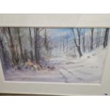 20th/21st CENTURY ENGLISH SCHOOL SHEEP IN SNOW, SIGNED INDISTINCTLY, WATERCOLOUR. 35 x 64cms