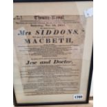 AN EARLY 19th CENTURY PLAY BILL FOR THE THEATRE ROYAL MRS SIDDONS IN MACBETH, TOGETHER WITH A