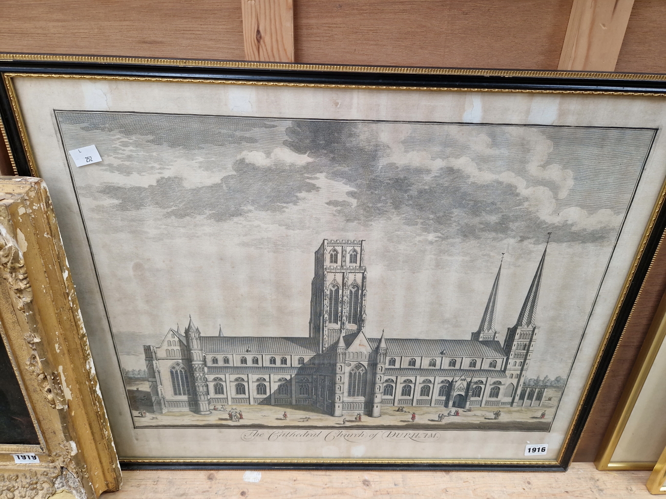 AN ANTIQUE HAND COLOURED PRINT OF DURHAM CATHEDRAL. 51 x 63cms TOGETHER WITH A SMALLER ANTIQUE - Image 2 of 6