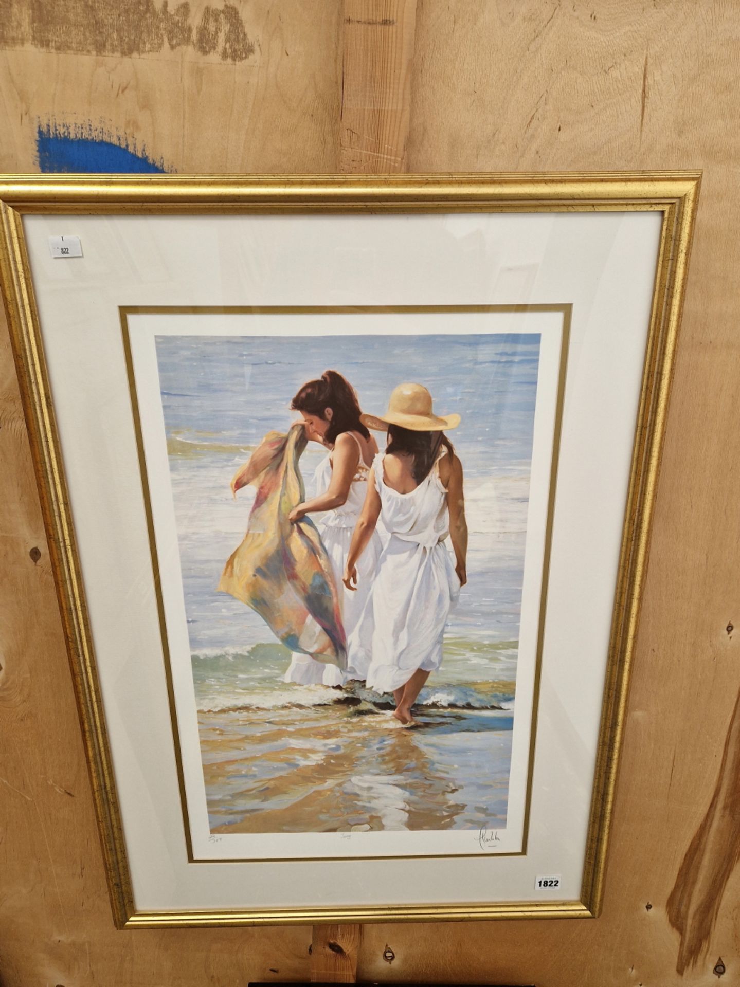 CONTEMPORARY SCHOOL A PENCIL SIGNED COLOUR PRINT OF A BEACH SCENE, TOGETHER WITH THREE DECORATIVE - Image 2 of 6