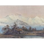 19th/20th CENTURY ENGLISH SCHOOL THE MOUNTAIN RANGE, SIGNED INDISTINCTLY, WATERCOLOUR. 62 x 101cms