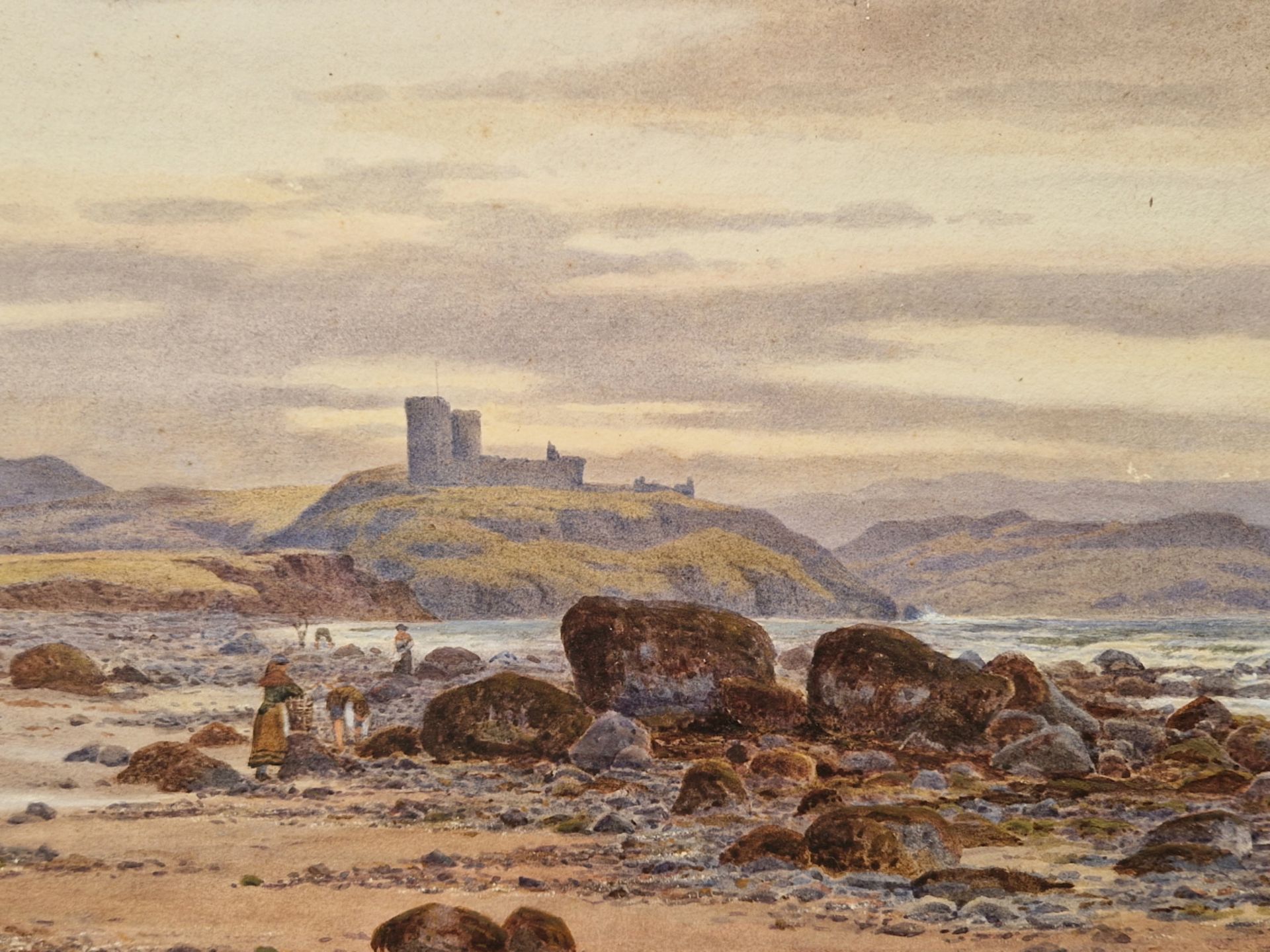 PETER GHENT 19th CENTURY ENGLISH SCHOOL A COASTAL LANDSCAPE, SIGNED, WATERCOLOUR, UNFRAMED. 43 x