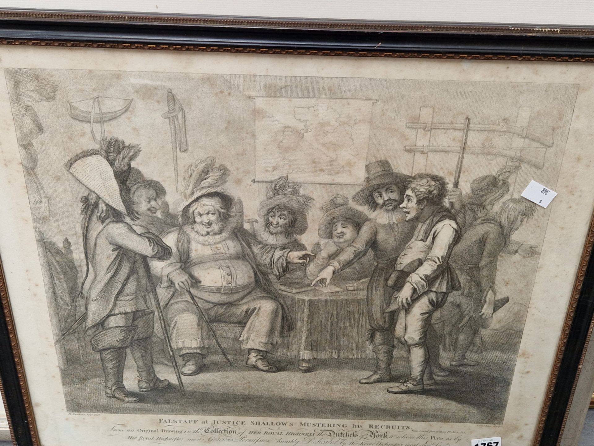 AFTER H. BUNBURY AN ANTIQUE PRINT FALSTAFF AT JUSTICE SHALLOWS MUSTERING HIS RECRUITS. 43 x 53cms