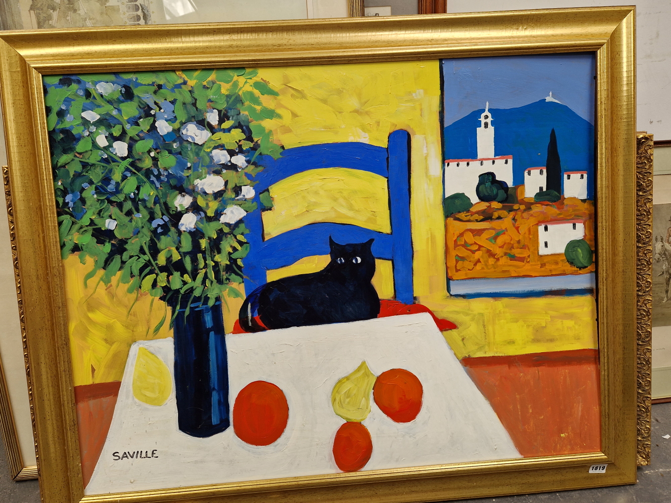 MICHAEL SAVILLE CONTEMPORARY SCHOOL. ARR. CAT PROVENCE, SIGNED, OIL ON BOARD. 71 x 91cms - Image 2 of 3