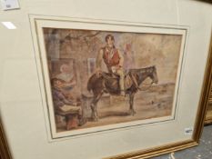 19th CENTURY ENGLISH SCHOOL FIGURES BY A RUSTIC TAVERN, WATERCOLOUR. 22 x 31cms