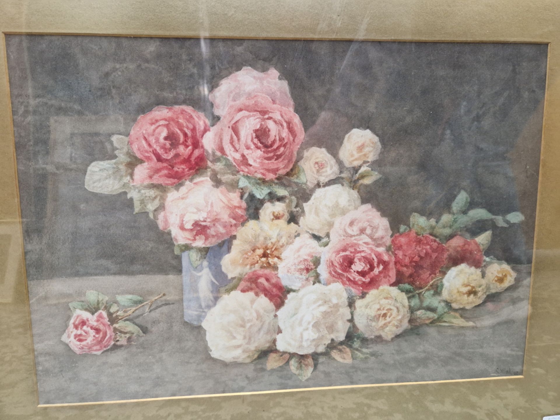 C. WINDSOR 19th/20th CENTURY ENGLISH SCHOOL STILL LIFE OF ROSES, SIGNED, WATERCOLOUR. 36 x 54cms