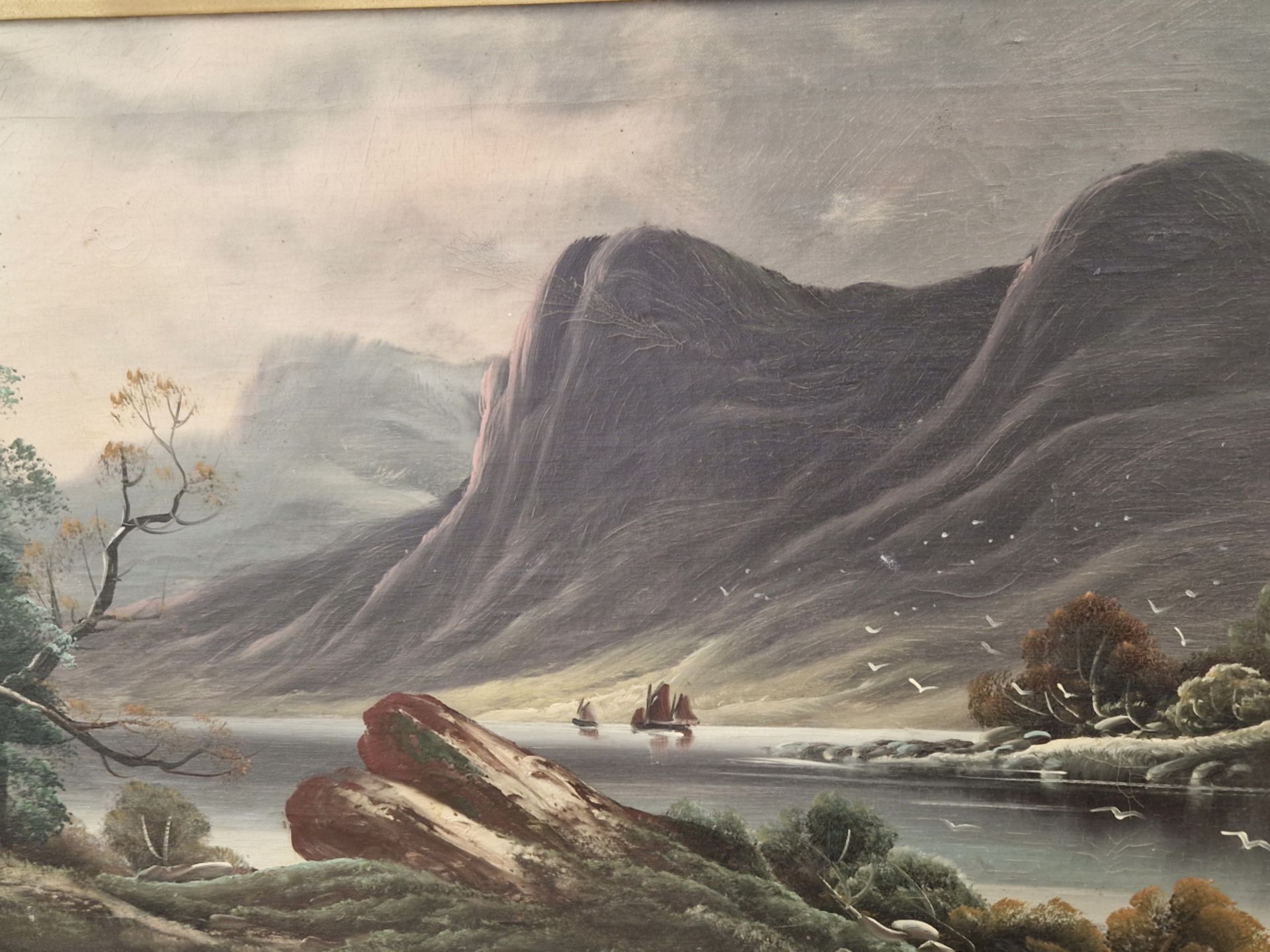 19th/20th CENTURY ENGLISH SCHOOL A MOUNTAINOUS LAKE SCENE, SIGNED INDISTINCTLY, OIL ON CANVAS. 47