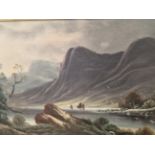 19th/20th CENTURY ENGLISH SCHOOL A MOUNTAINOUS LAKE SCENE, SIGNED INDISTINCTLY, OIL ON CANVAS. 47