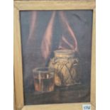 EARLY 20th CENTURY STILL LIFE PAINTING OF A GINGER JAR, OIL ON BOARD. 35 x 26cms