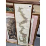 A GROUP OF LARGE DECORATIVE PICTURES INCLUDING HAND COLOURED PRINTS, MAPS ETC. SIZES VARY