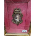 A DECORATIVE MINIATURE PORTRAIT PAINTING OF A LADY IN 18th CENTURY DRESS.