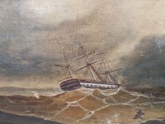 19th CENTURY ENGLISH SCHOOL A CLIPPER SHIP IN STORMY SEAS, OIL ON CANVAS, UNFRAMED. 25 x 41cms