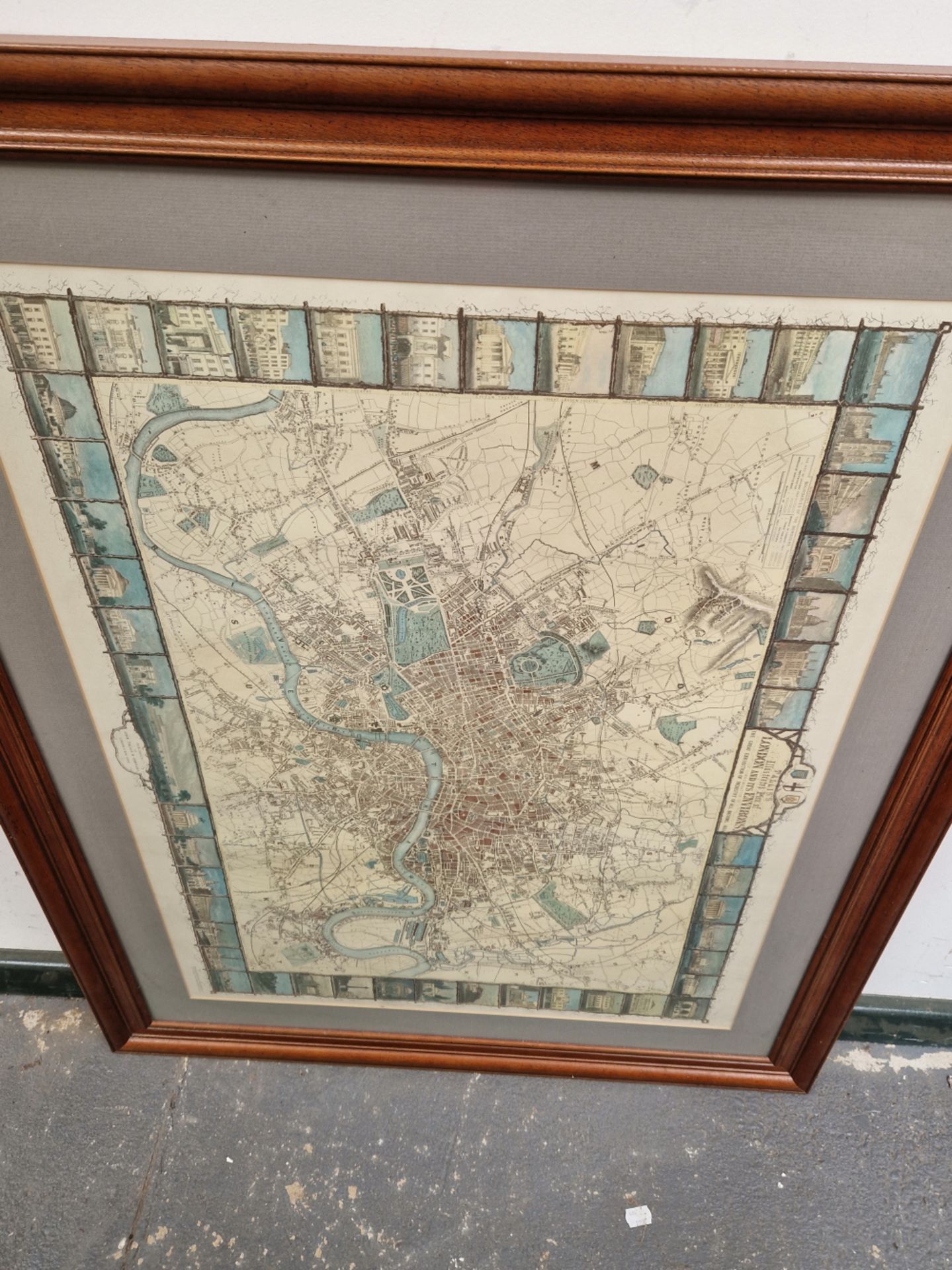 THREE DECORATIVE FURNISHING PICTURES INCLUDING ARCHITECTURAL SCENES AND A MAP OF LONDON. SIZES - Image 5 of 7