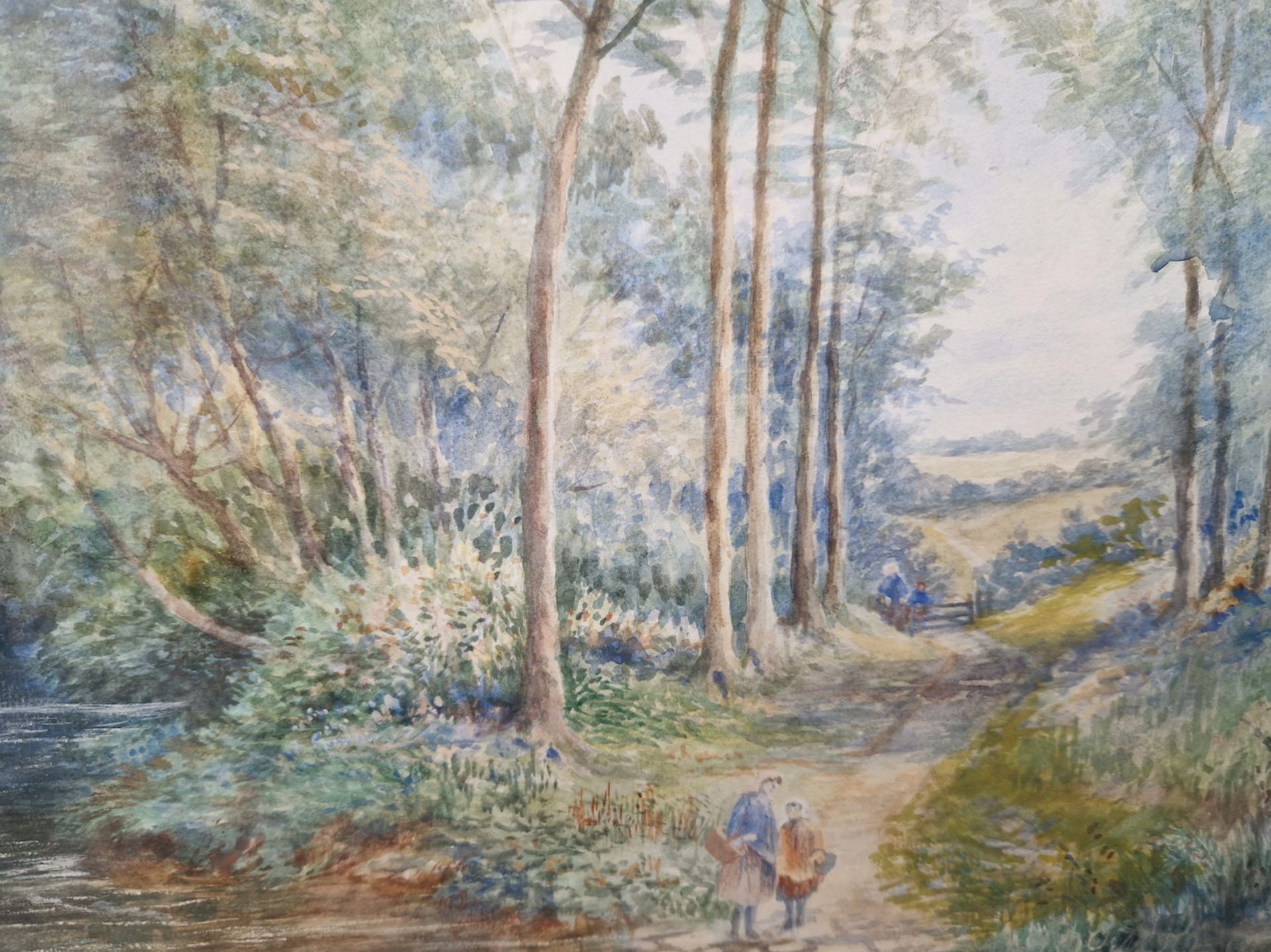 GEORGE MUNRO EARLY 20th CENTURY ENGLISH SCHOOL CROSSING THE BROOK, SIGNED, WATERCOLOUR. 47 x 34cms - Image 3 of 5