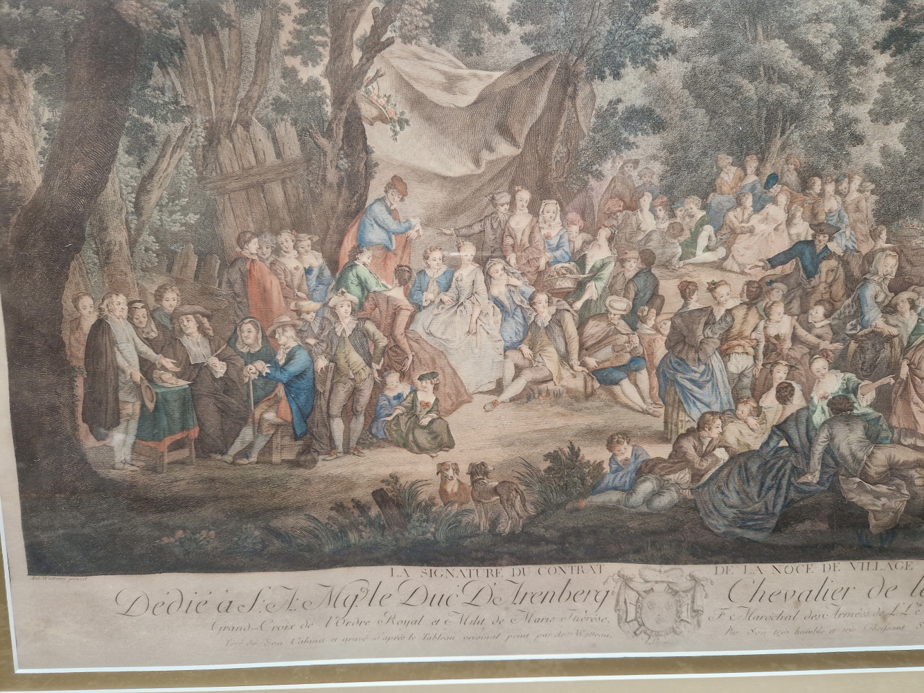 AN ANTIQUE HAND COLOURED PRINT OF VILLAGERS MERRY MAKING. 55 x 75cms - Image 2 of 5