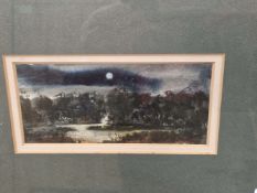 20th CENTURY ENGLISH SCHOOL TWO MOONLIT LANDSCAPES, WATERCOLOURS. LARGEST 11 x 19cms