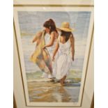 CONTEMPORARY SCHOOL A PENCIL SIGNED COLOUR PRINT OF A BEACH SCENE, TOGETHER WITH THREE DECORATIVE