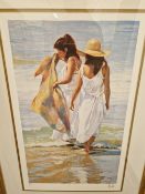 CONTEMPORARY SCHOOL A PENCIL SIGNED COLOUR PRINT OF A BEACH SCENE, TOGETHER WITH THREE DECORATIVE