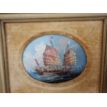 19th CENTURY CHINESE SCHOOL PAIR OF OVAL PAINTINGS OF JUNKS. 9 x 12cms TOGETHER WITH AN INDIAN