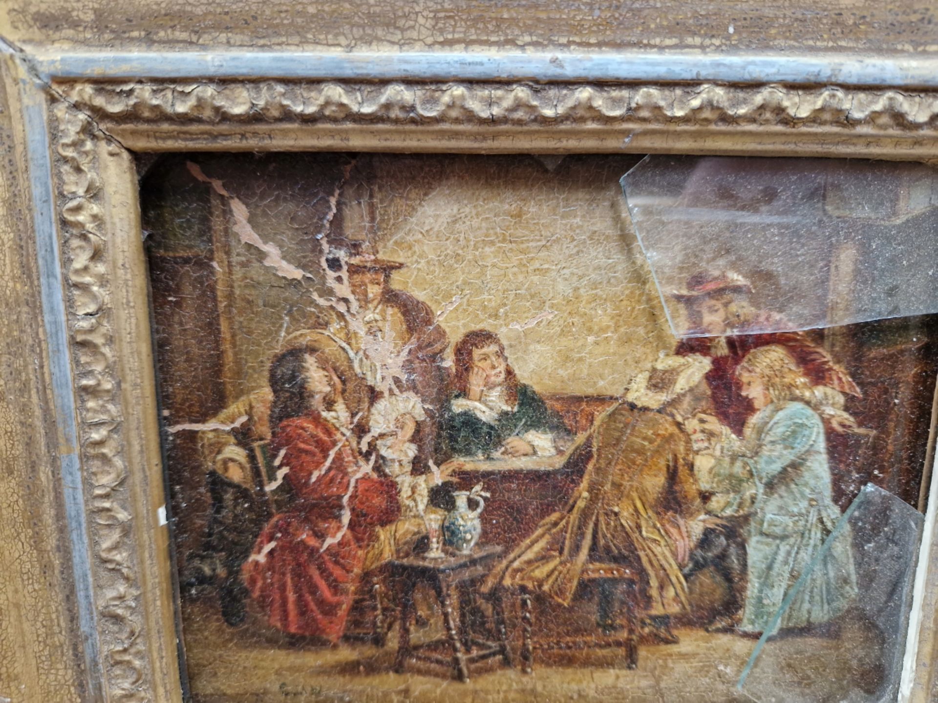 A PAIR OF GILT ROCOCO STYLE FRAMES TOGETHER WITH A GILT FRAMED PICTURE OF FIGURES IN A TAVERN. (3) - Image 2 of 4